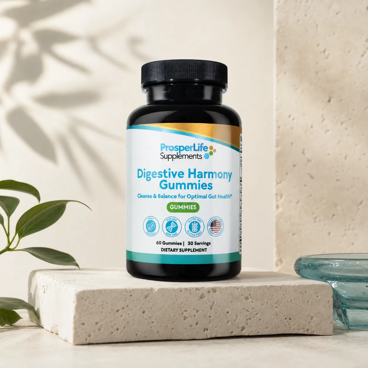 ProsperLife Digestive Harmony Gummies on a warm limestone studio set