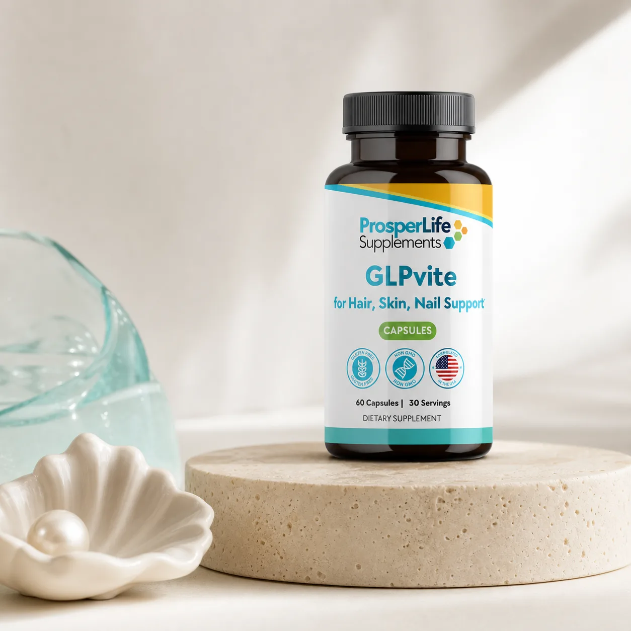 ProsperLife GLPvite for Hair, Skin & Nails on a luminous vanity set