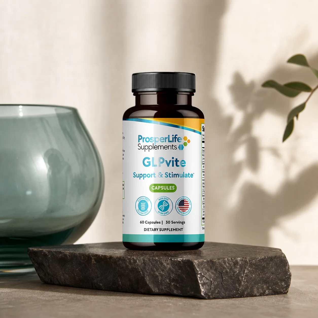 ProsperLife GLPvite Support & Stimulate on a dark stone studio set