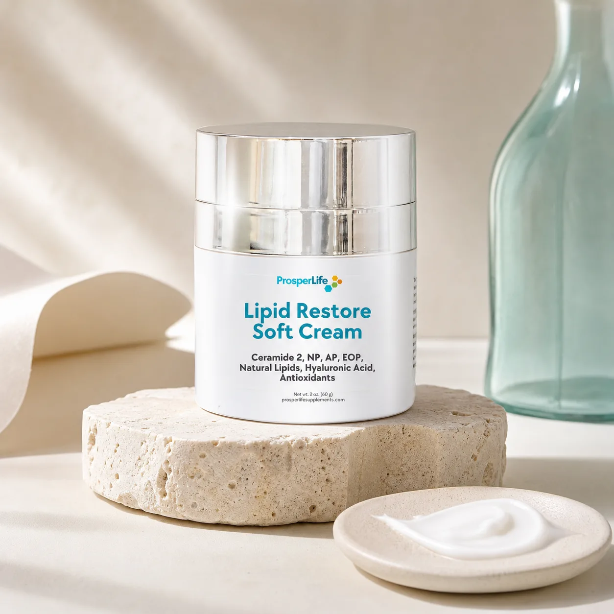 ProsperLife Lipid Restore Soft Cream on a sculpted stone studio set