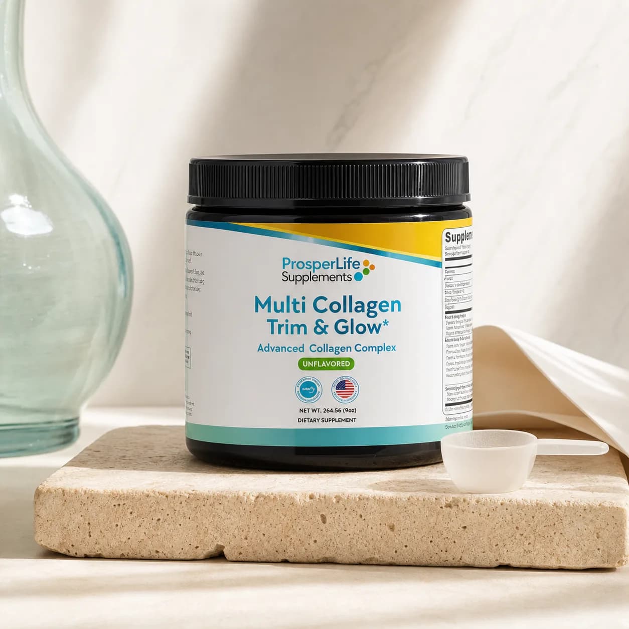 ProsperLife Multi Collagen Trim & Glow on a warm travertine studio set